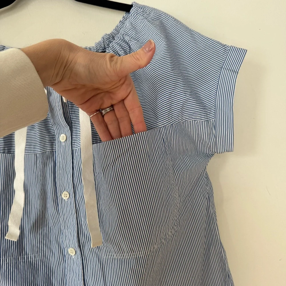 Theory Velvela Blue and White Striped Drawstring Shirt Sleeve Blouse M - Picture 7 of 8